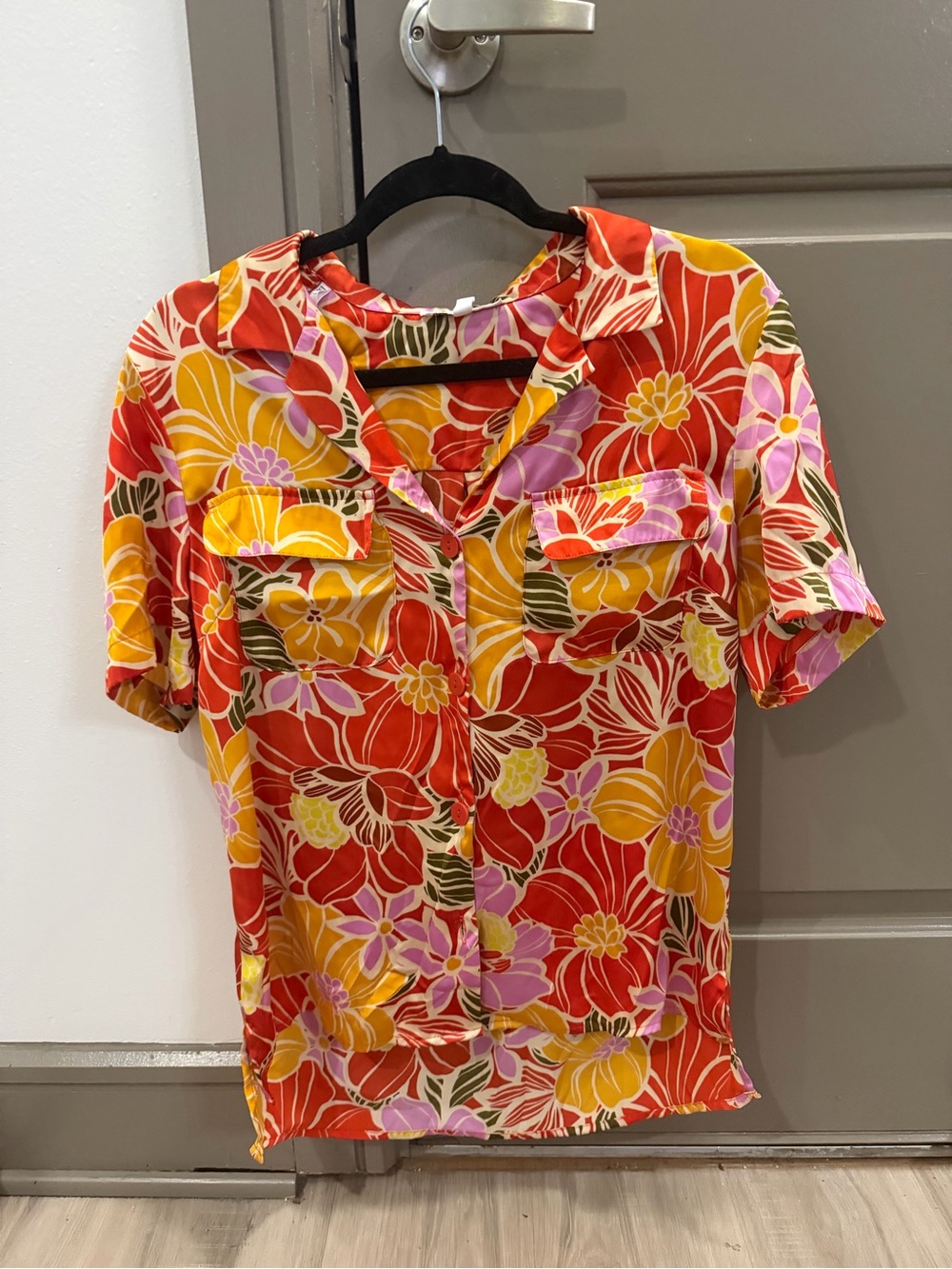 DR2 Satin Bright Floral Button-Down Shirt in Red, Yellow & Pink